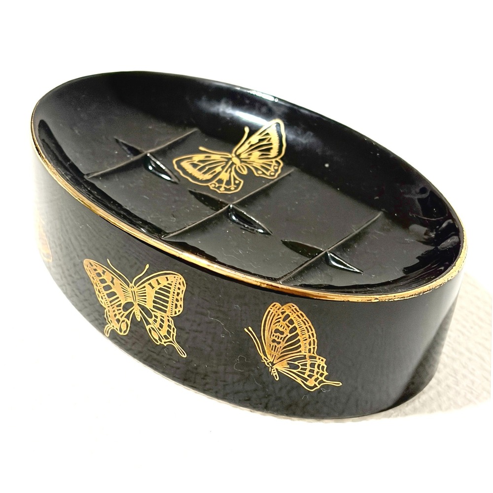 Vintage Irice Soap Dish Gold Butterfly Black Ceramic Made in Japan Small